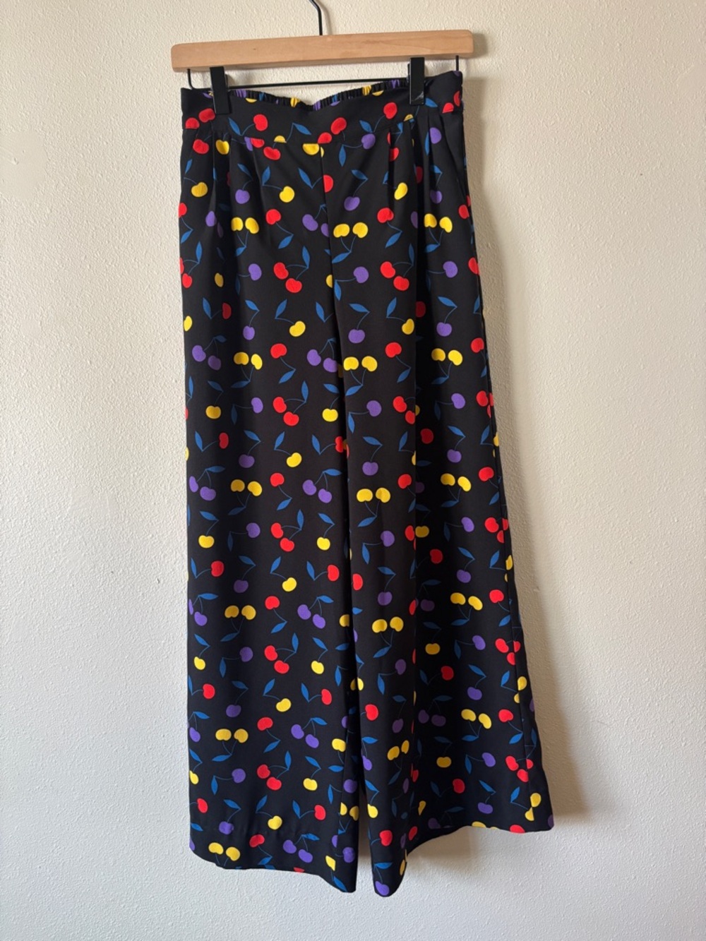 ModCloth Black Wide Leg Pants With Colorful Cherry Print Size Small